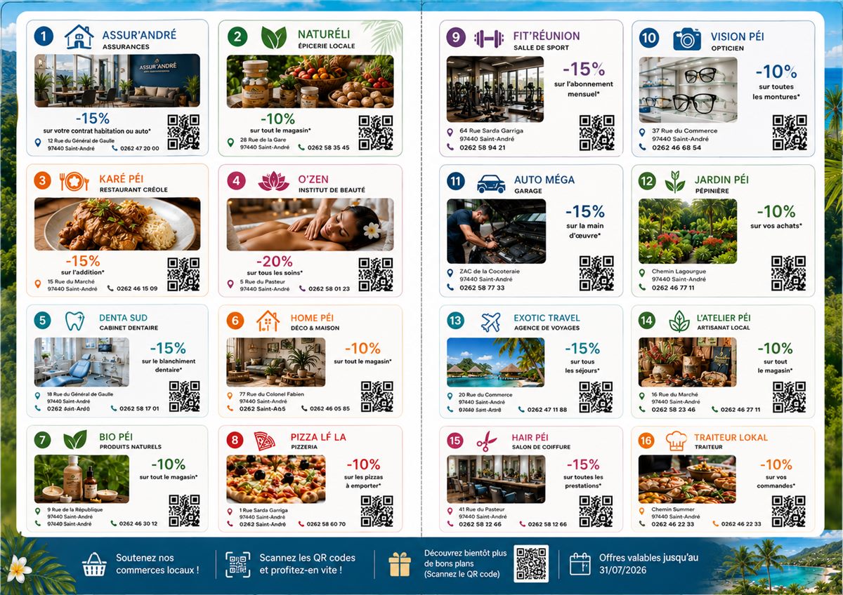 Intérieur du livret Zéconomies 974 : la grille de 16 coupons